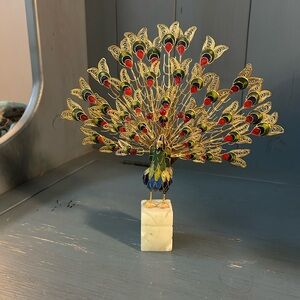 Elegant Vintage 1970’s Gold and Blue Peacock Sculpture